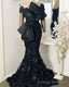 Elegant African Black Mermaid Evening Dresses, Full Sleeves Lace Appliqued Beaded Arabic Aso Prom Gowns With Bow Robe De Soiree