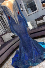 Luxury Navy Blue Long Sleeve Mermaid Prom Dresses, Sequines See Through Neckline Prom Dresses