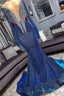 Luxury Navy Blue Long Sleeve Mermaid Prom Dresses, Sequines See Through Neckline Prom Dresses