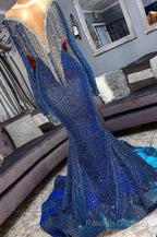 Luxury Navy Blue Long Sleeve Mermaid Prom Dresses, Sequines See Through Neckline Evening Dresses