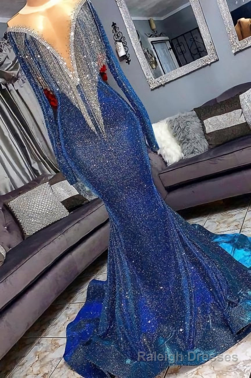 Luxury Navy Blue Long Sleeve Mermaid Prom Dresses, Sequines See Through Neckline Evening Dresses
