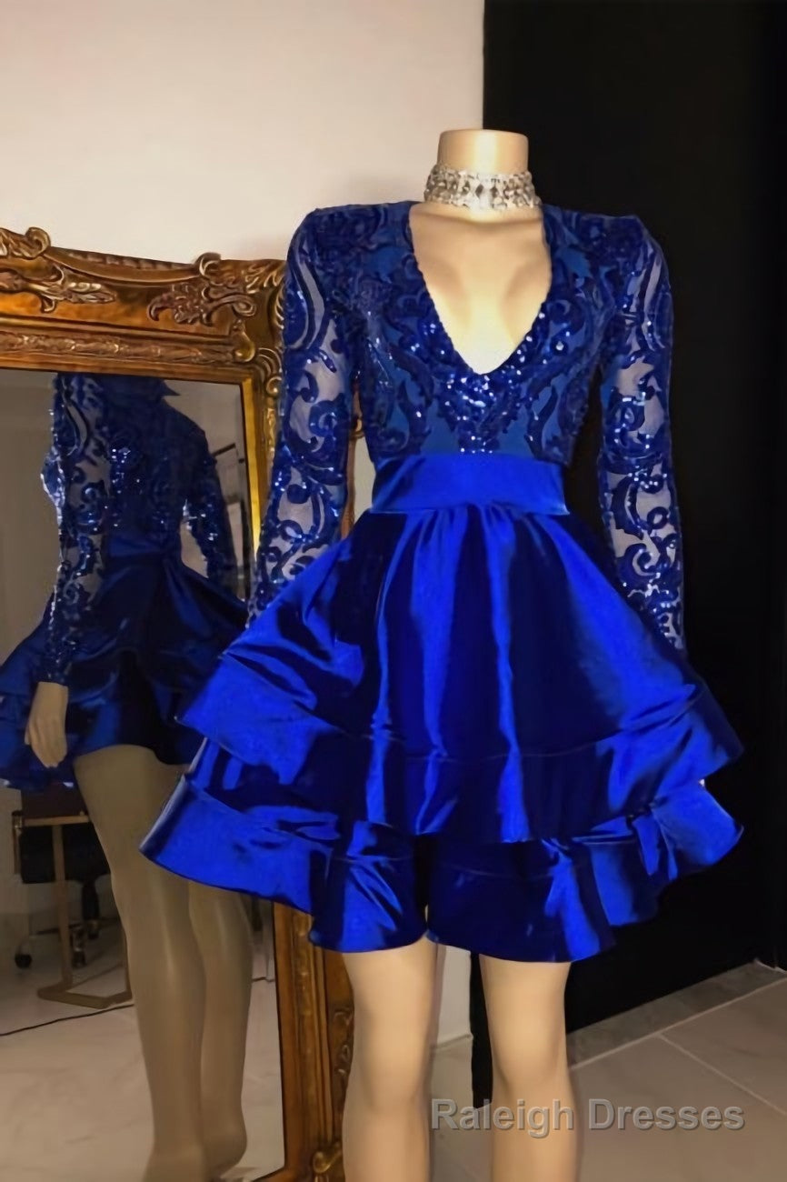 Royal Blue V Neck Mini A Line Party Party Dresses With Long Sleeves Main image