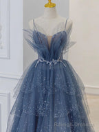 Blue Sweetheart Tulle Sequin Long Prom Dress, Blue Evening Dress