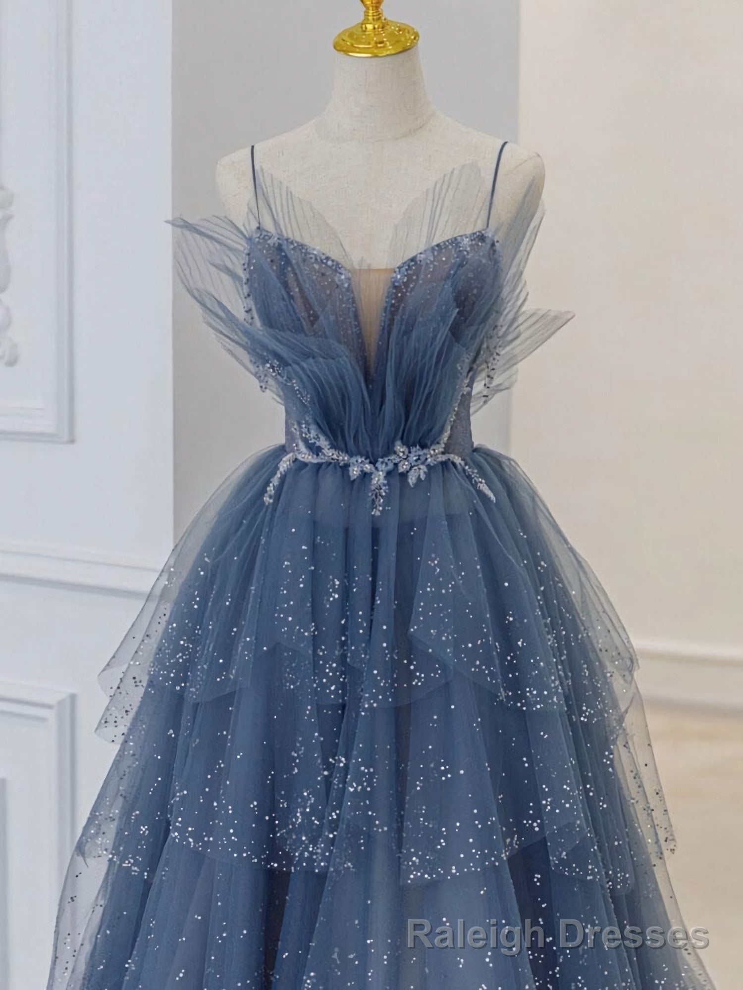 Blue Sweetheart Tulle Sequin Long Prom Dress, Blue Evening Dress