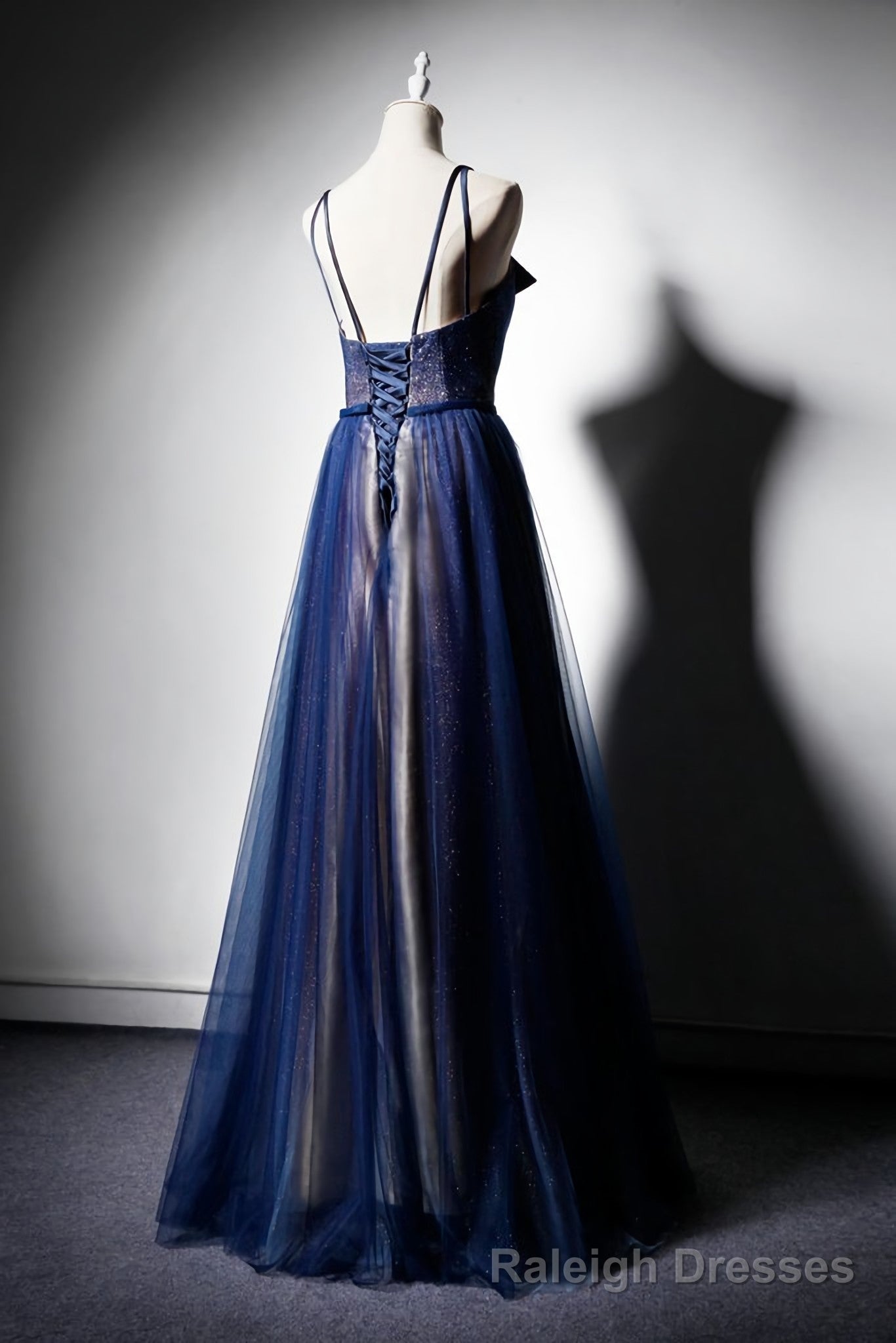 Navy Blue Tulle V Neck Long Women Prom Dress, Lace Up Prom Dress