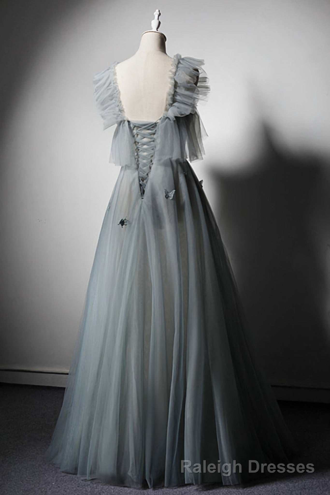 Green Gray Tulle Off Shoulder Custom Size Long Senior Prom Dress, Evening Dress