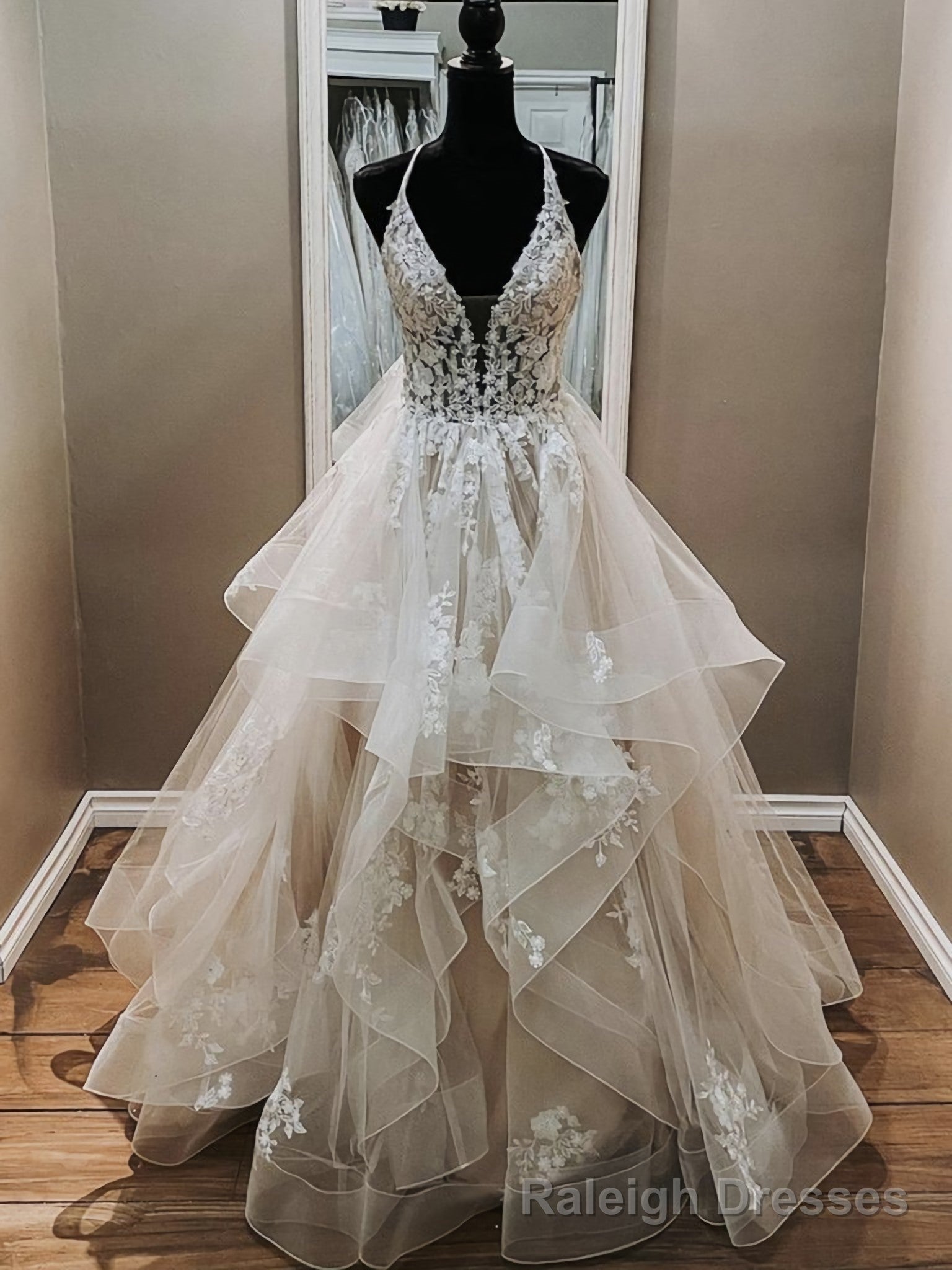 V Neck Backless Light Champagne Lace Wedding Dresses, Open Back Champagne Lace Formal Prom Dresses Secondary image