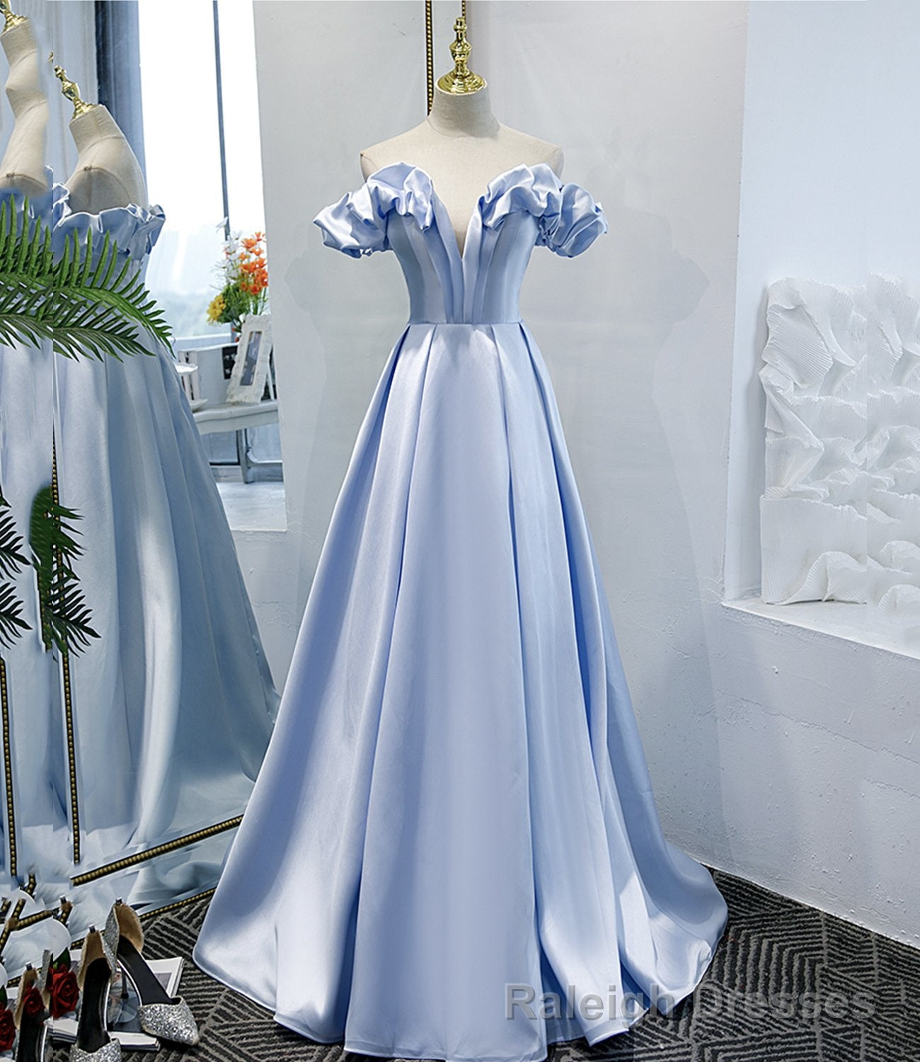Blue Satin Long A Line Prom Dress, Blue Evening Dress Main image