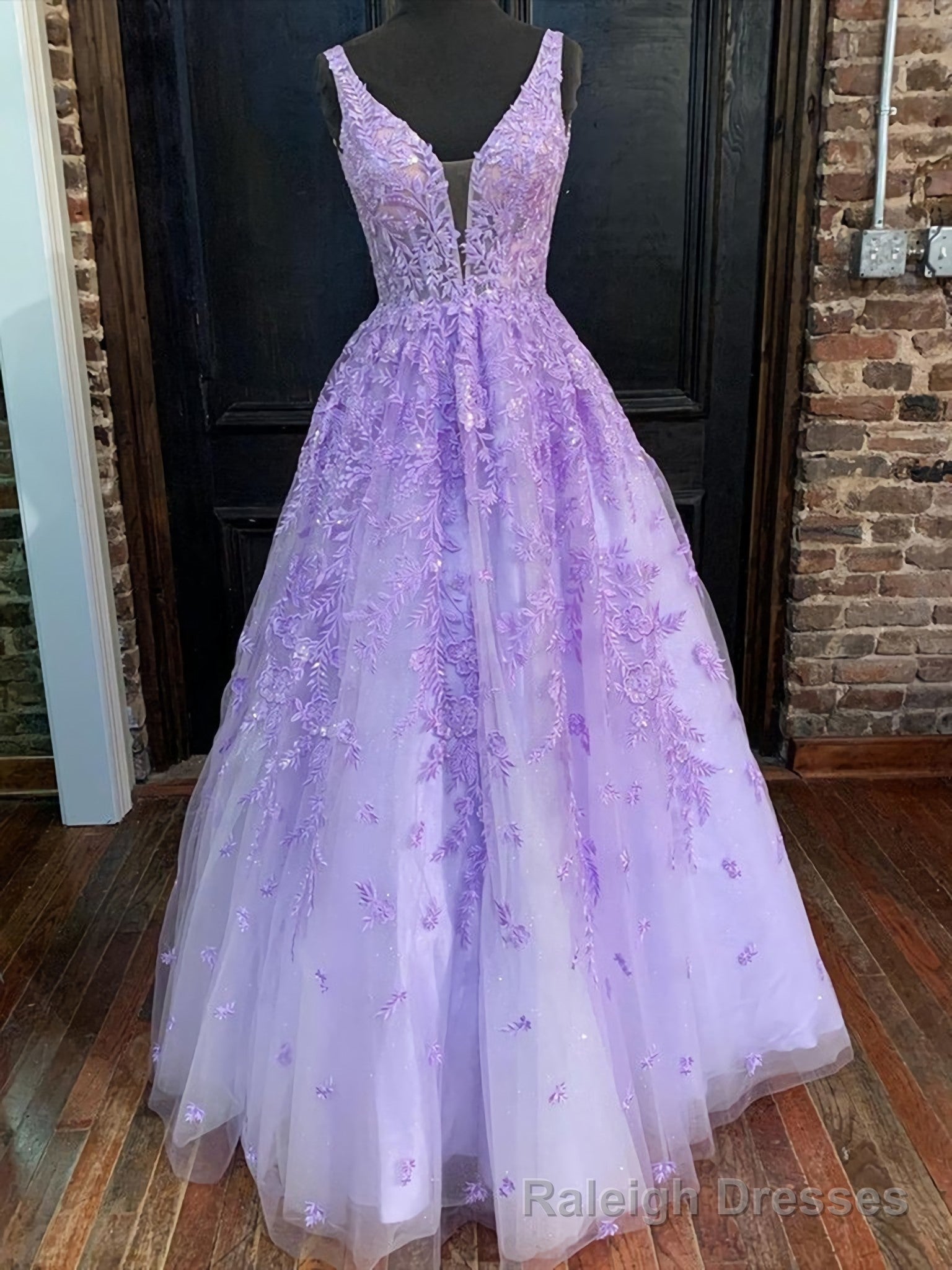 Deep V Neck Purple Lace Long Prom Dresses, Purple Lace Formal Graduation Evening Dresses Main image