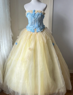 Dreamy Blue And Yellow Color-Blocked Strapless Tulle Ball Gown Prom Dress Sweet 16Th Dress