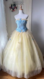 Dreamy Blue And Yellow Color-Blocked Strapless Tulle Ball Gown Prom Dress Sweet 16Th Dress