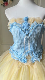 Dreamy Blue And Yellow Color-Blocked Strapless Tulle Ball Gown Prom Dress Sweet 16Th Dress