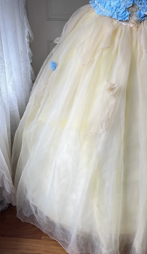 Dreamy Blue And Yellow Color-Blocked Strapless Tulle Ball Gown Prom Dress Sweet 16Th Dress