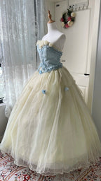 Dreamy Blue And Yellow Color-Blocked Strapless Tulle Ball Gown Prom Dress Sweet 16Th Dress