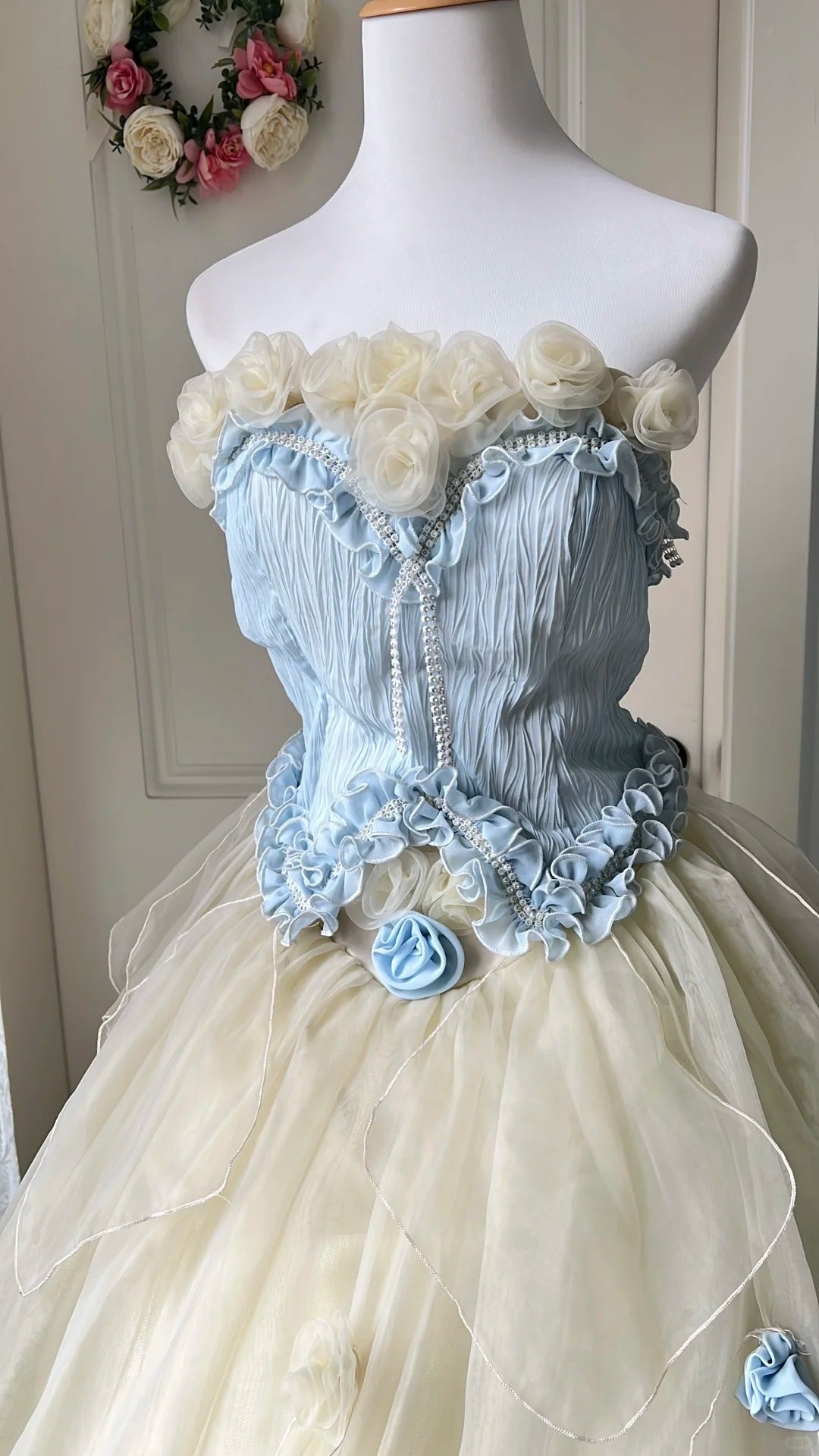 Dreamy Blue And Yellow Color-Blocked Strapless Tulle Ball Gown Prom Dress Sweet 16Th Dress