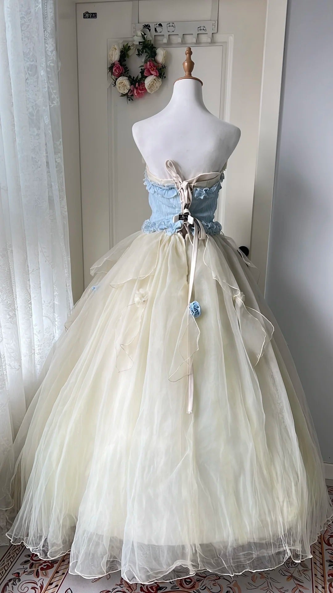 Dreamy Blue And Yellow Color-Blocked Strapless Tulle Ball Gown Prom Dress Sweet 16Th Dress
