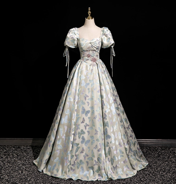Dreamy Butterfly Jacquard Square Neck Puff Sleeve Satin Long Ball Gown Prom Dress Sweet 16 Dress Secondary image