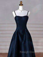 Dreamy Dark Blue Spaghetti Straps Satin Prom Dress