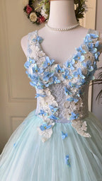Dreamy Flower Fairy Light Blue 3D Floral V-Neck Tulle Ball Gown Prom Dress Wedding Dress