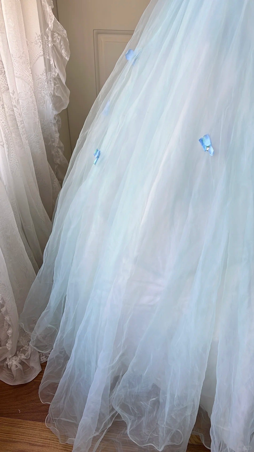 Dreamy Flower Fairy Light Blue 3D Floral V-Neck Tulle Ball Gown Prom Dress Wedding Dress