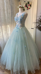Dreamy Flower Fairy Light Blue 3D Floral V-Neck Tulle Ball Gown Prom Dress Wedding Dress