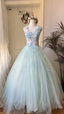 Dreamy Flower Fairy Light Blue 3D Floral V-Neck Tulle Ball Gown Prom Dress Wedding Dress