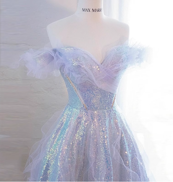 Dreamy Gradient Light Purple A-Line Off-The-Shoulder Iridescent Sequined Tulle Long Formal Prom Dress