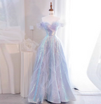 Dreamy Gradient Light Purple A-Line Off-The-Shoulder Iridescent Sequined Tulle Long Formal Prom Dress