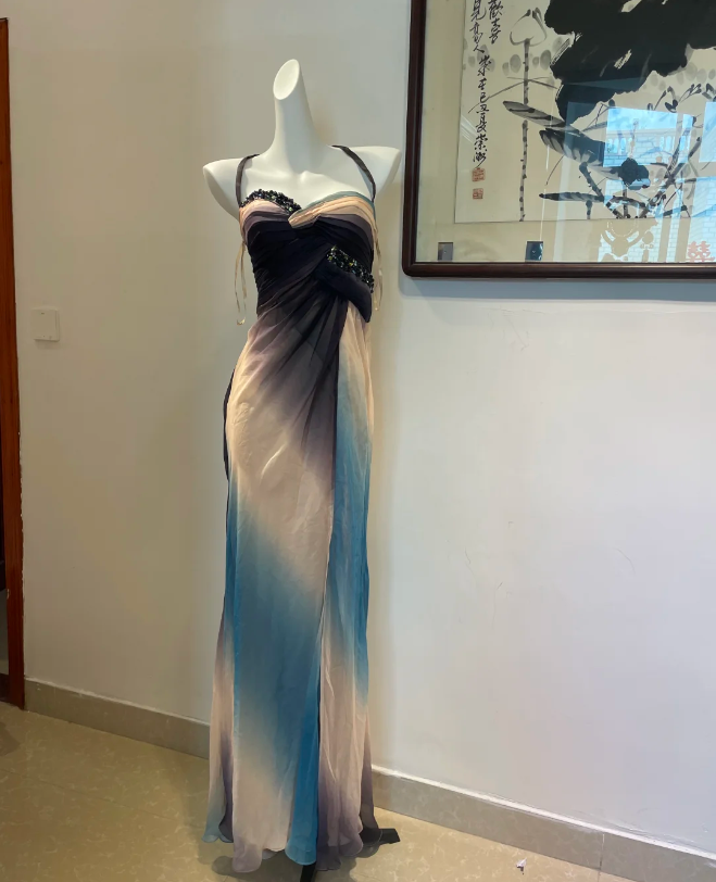 Dreamy Gradient Mermaid Halter Neck Beaded Chiffon Long Formal Prom Dress