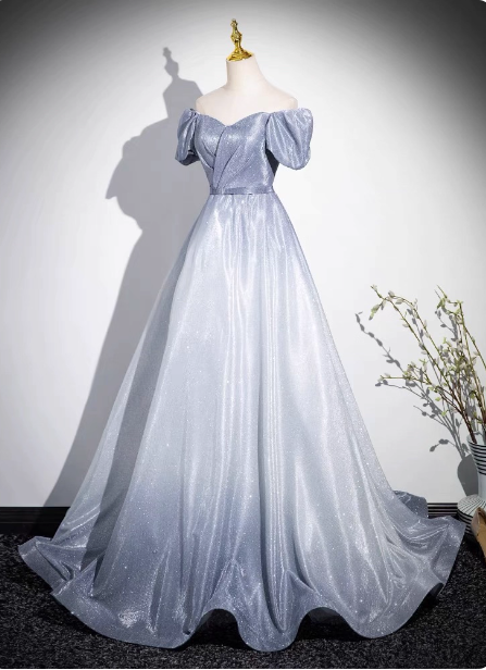 Dreamy Gradient Silver-Gray Puff Sleeve Glitter Satin Long Formal Prom Dress Secondary image
