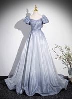 Dreamy Gradient Silver-Gray Puff Sleeve Glitter Satin Long Formal Prom Dress