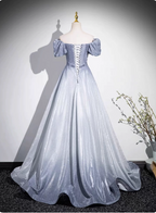 Dreamy Gradient Silver-Gray Puff Sleeve Glitter Satin Long Formal Prom Dress