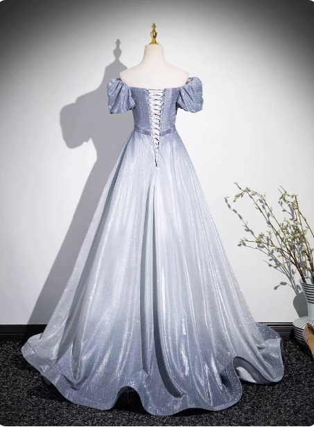 Dreamy Gradient Silver-Gray Puff Sleeve Glitter Satin Long Formal Prom Dress