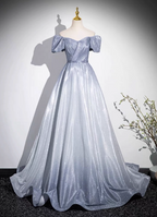 Dreamy Gradient Silver-Gray Puff Sleeve Glitter Satin Long Formal Prom Dress