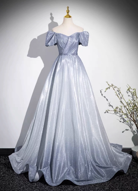 Dreamy Gradient Silver-Gray Puff Sleeve Glitter Satin Long Formal Prom Dress