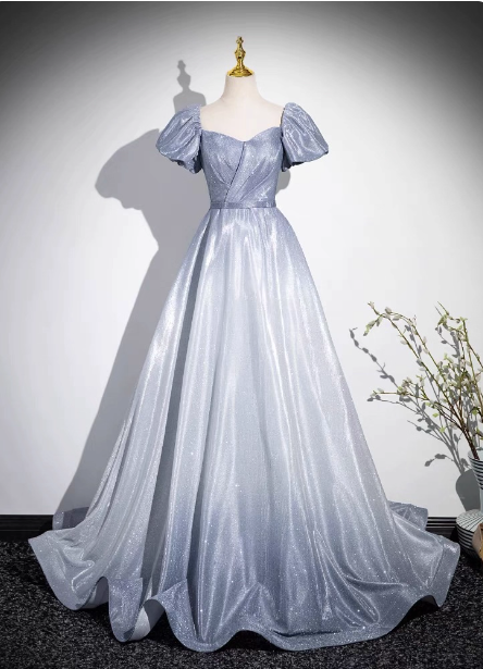 Dreamy Gradient Silver-Gray Puff Sleeve Glitter Satin Long Formal Prom Dress Main image