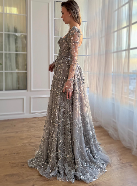 Dreamy Grey A-Line Square Neck Long Sleeve 3D Floral Sequin Tulle Long Formal Prom Dress Secondary image