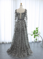 Dreamy Grey A-Line Square Neck Long Sleeve 3D Floral Sequin Tulle Long Formal Prom Dress
