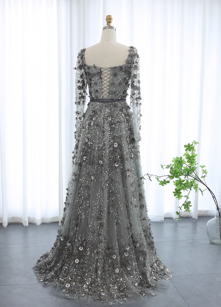 Dreamy Grey A-Line Square Neck Long Sleeve 3D Floral Sequin Tulle Long Formal Prom Dress