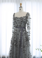 Dreamy Grey A-Line Square Neck Long Sleeve 3D Floral Sequin Tulle Long Formal Prom Dress