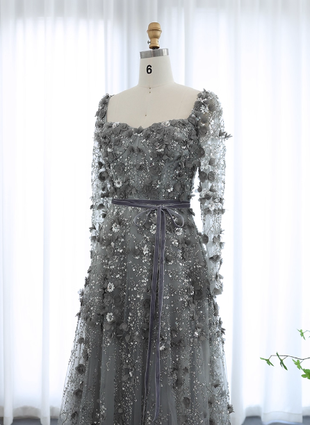 Dreamy Grey A-Line Square Neck Long Sleeve 3D Floral Sequin Tulle Long Formal Prom Dress