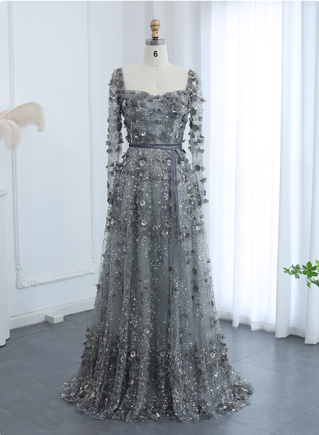 Dreamy Grey A-Line Square Neck Long Sleeve 3D Floral Sequin Tulle Long Formal Prom Dress