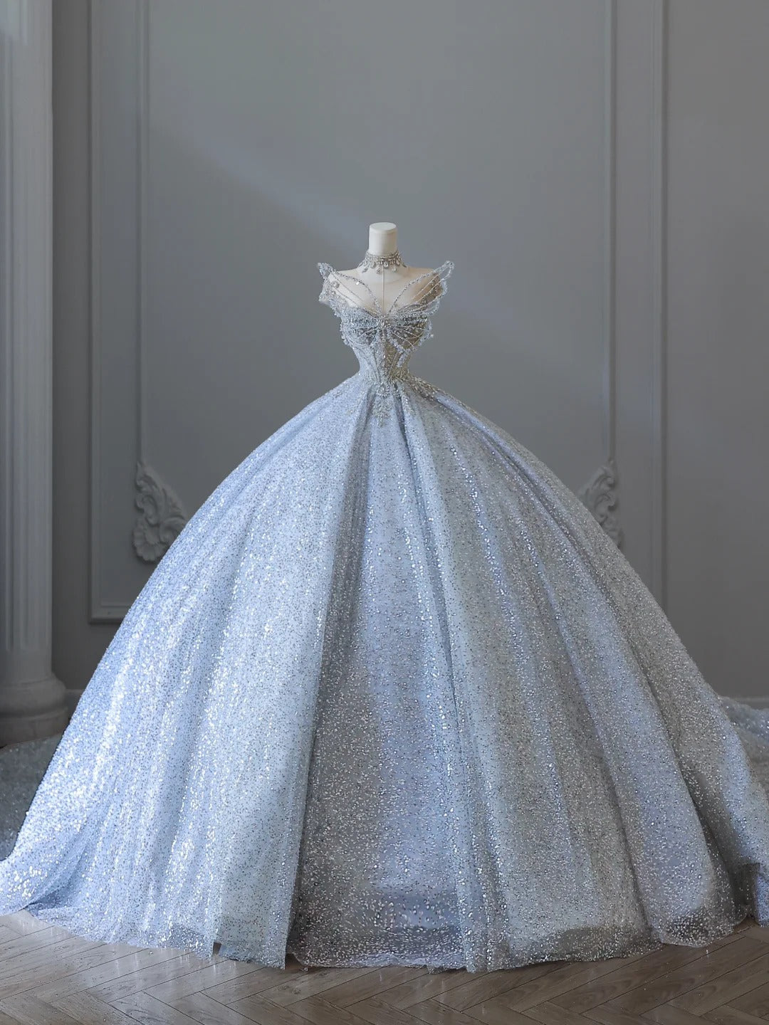 Dreamy Ice Crystal Blue Shiny Bowknot Floor-Length Wedding Dress