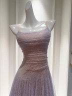 Dreamy Lavender A-Line Suspender Strap Pleated Tulle Long Formal Prom Dress