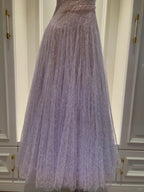 Dreamy Lavender A-Line Suspender Strap Pleated Tulle Long Formal Prom Dress