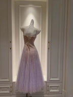 Dreamy Lavender A-Line Suspender Strap Pleated Tulle Long Formal Prom Dress