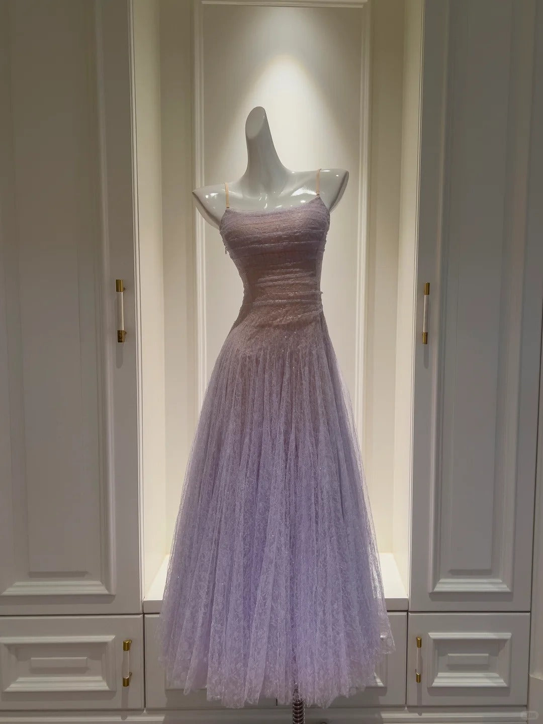 Dreamy Lavender A-Line Suspender Strap Pleated Tulle Long Formal Prom Dress Main image
