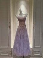 Dreamy Lavender A-Line Suspender Strap Pleated Tulle Long Formal Prom Dress
