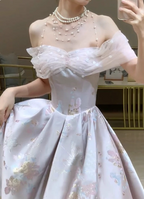 Dreamy Lavender Gray Pink A-Line Off-The-Shoulder Printed Satin Long Formal Prom Dress