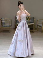 Dreamy Lavender Gray Pink A-Line Off-The-Shoulder Printed Satin Long Formal Prom Dress